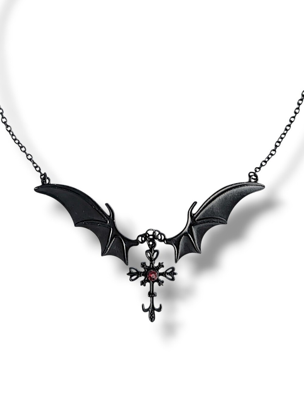NWT Handmade Black Bat Wing Choker Necklace with Black and Red Gem Cross